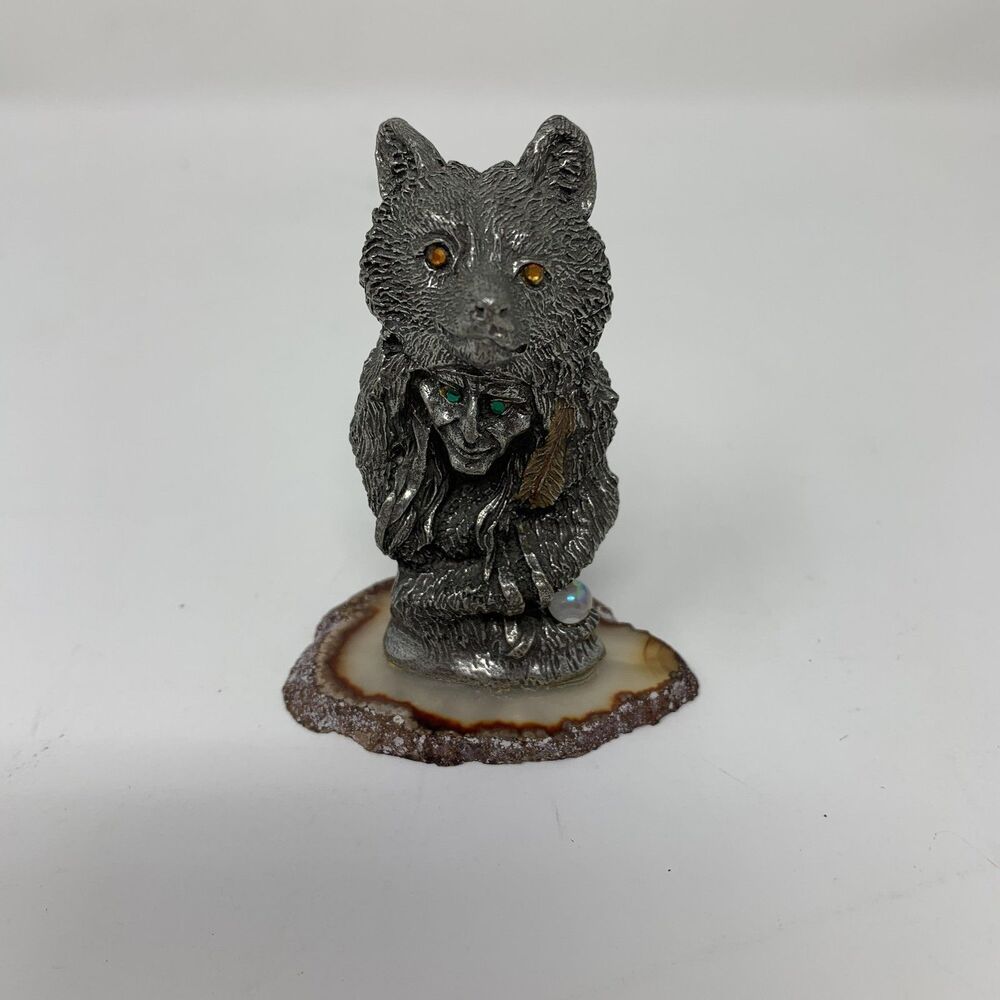 Silver Wolf Shaman Figurine On Agate Stone Base Mystical Mini Statue Unmarked